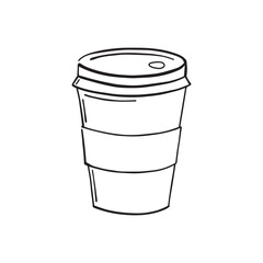 Disposable carton cup with plastic cap lid. Hand drawn illustration of hot drink in doodle simple line vintage style. Engraved design, for cafe, coffee to go. Vector illustration