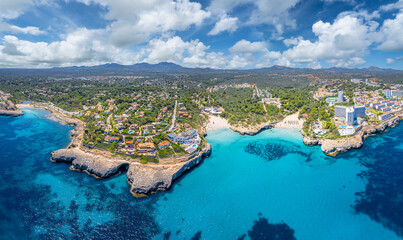 Aerial view with Cala Domingos & Tropicana Beach, Mallorca's hidden gems with crystalline waters...