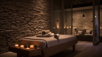 Tranquil spa ambiance: dimly lit candles illuminate massage room with open Tranquil spa ambiance:...