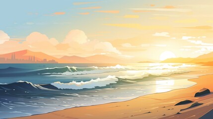 A tranquil beach scene with gently crashing waves and a golden sunset, suitable for a...