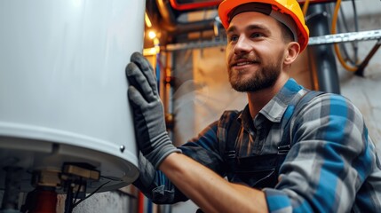 A man in a hard hat is fixing a water heater - obrazy, fototapety, plakaty