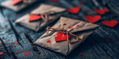 Romantic rustic envelopes with scattered red paper hearts on a vintage wood background, image for Valentine's Day greeting card for DIY craft blogs or tutorials. Banner with copy space