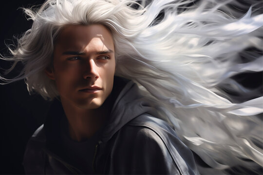 Close-up portrait of a handsome young man with long fluttering white blonde hair on a black background - isolated