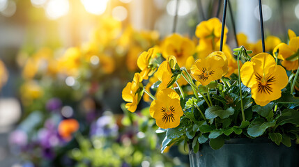 Vibrant Yellow Pansies in Hanging Flower Pots . Spring Celebration Background.
