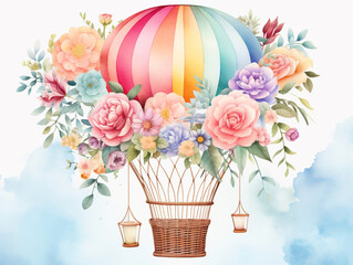 Watercolor Air Balloons. Aircraft with basket and  flowers. Painting illustration on light sky background