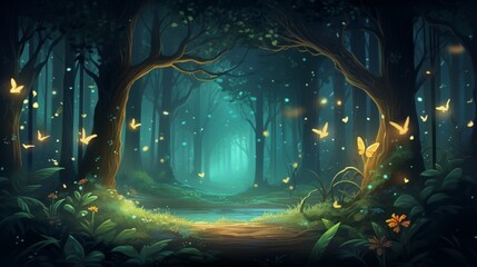 An ethereal forest scene with misty trees and fireflies, suitable for a magical vector background.