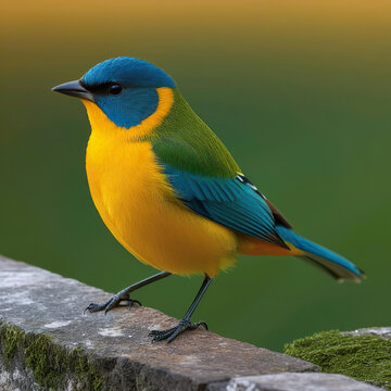 Retrato pajaro de colores anaranjado verde azul posado sobre un muro