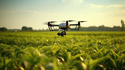 A drone flying over a field of green grass