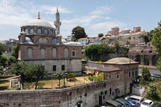 Sebsefa Hatun Cami is a large red brick Mosque. Turkish religious building is on Fatih district in Istanbul close to Golden Horn bay.