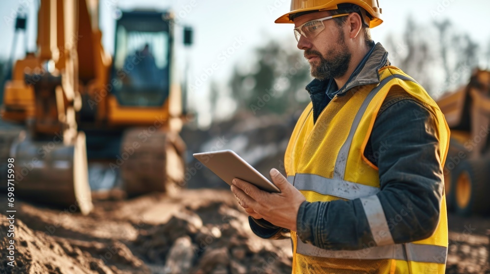 Wall mural a man in a hard hat holding a tablet, middle-aged male worker in reflective vest on construction sit