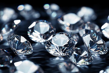 Macro shot of assorted diamonds in various shapes and dimensions against a luminous backdrop with shading.