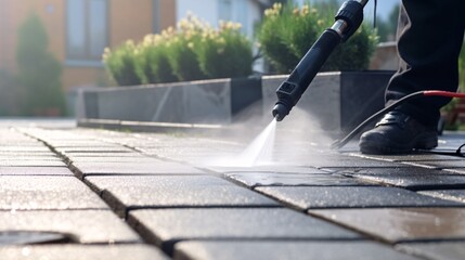 Deep cleaning of outdoor terrace using powerful water jet to remove grime from paved stones. - obrazy, fototapety, plakaty