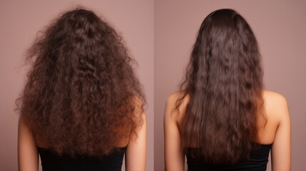 Woman's hair damaged by heat, before and after keratin treatment in salon studio.