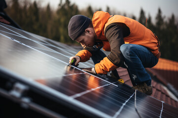 An expert installer equips a residence's rooftop with photovoltaic solar panels, illustrating the concept of renewable energy. - obrazy, fototapety, plakaty