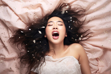 Young asian woman having orgasm. Woman with open mouth and closed eyes enjoying sex lying among flying glitter and sparkles as a symbol of orgasm. Sexual experience, masturbation, cunnilingus.