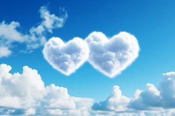 Naklejka na ściany i meble Heart shaped clouds in the sky. Flying clouds with heart shape. Love, romantic and wedding concept. Happy Valentine's day cart, love is in the air, fantasy weather lovely background