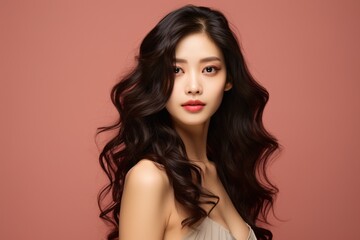 A youthful Asian woman with wavy hair and Korean-inspired makeup gently touches her flawless complexion against a neutral backdrop, emphasizing her facial care, beauty, and aesthetic enhancements.