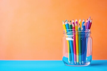 horizontal banner, colored pencils in a glass jar, stationery for drawing, bright background