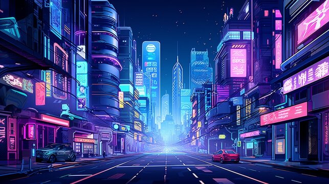 A futuristic cityscape with neon-lit signs and bustling streets, ideal for a cyberpunk-inspired vector background.