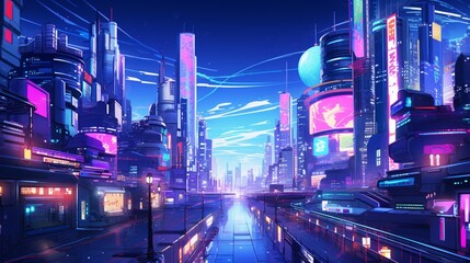 Fototapeta na wymiar A futuristic cityscape with neon-lit signs and bustling streets, ideal for a cyberpunk-inspired vector background.