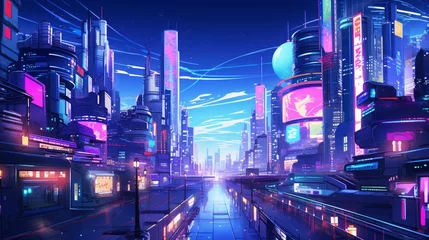 Keuken spatwand met foto A futuristic cityscape with neon-lit signs and bustling streets, ideal for a cyberpunk-inspired vector background. © Sajawal