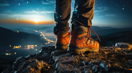 A person standing on top of a mountain at night in trekking boots - obrazy, fototapety, plakaty