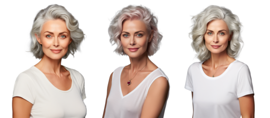 Gorgeous middle aged mature women, senior older 50 year lady looking at camera. Isolated on transparent png background. Ads of lifting anti wrinkle skin care treatment. Cosmetology concept.