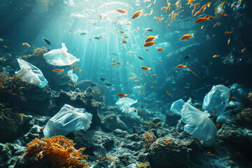 Plastic pollution in sea. Microplastics contaminate seafood - obrazy, fototapety, plakaty
