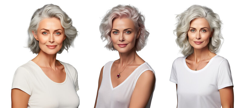 Gorgeous middle aged mature women, senior older 50 year lady looking at camera. Isolated on transparent png background. Ads of lifting anti wrinkle skin care treatment. Cosmetology concept.