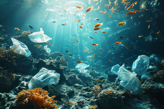 Plastic pollution in sea. Microplastics contaminate seafood