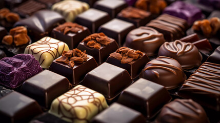 Assorted chocolate candies, Dark and milk Belgian chocolate pralines close-up photo  - obrazy, fototapety, plakaty