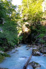 Scenic view of river Loiblbach in Tscheppaschlucht gorge in Carinthia, Austria. Narrow canyon in middle of dense forest. Stream is crystal clear and turquoise colored. Cascading water in wilderness