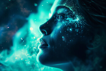 surreal portrait of a figure with aurora borealis emanating from the eyes, cool tones, ethereal lighting