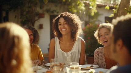 Portrait of diverse group of african amaerican friends enjoying delicious meal outdoor, multi cultural multi ethnic gathering