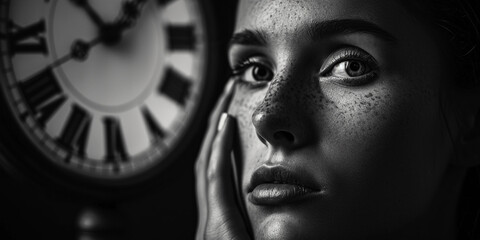 Surreal portrait of a figure with a clock face, hands of the clock gently touching the cheek, timeless ambiance