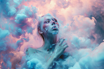 
Surreal portrait with an ethereal figure, multiple eyes along the arms, dreamlike pastel clouds swirling around