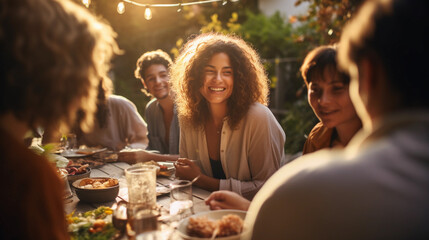 Portrait of diverse group of african amaerican friends enjoying delicious meal outdoor, multi cultural multi ethnic gathering