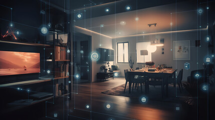 Modern Living Room, Featuring Various Connected Devices and Appliances AI