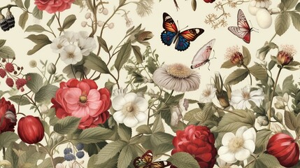 A repeating pattern of vintage botanical illustrations with intricate details, great for a...