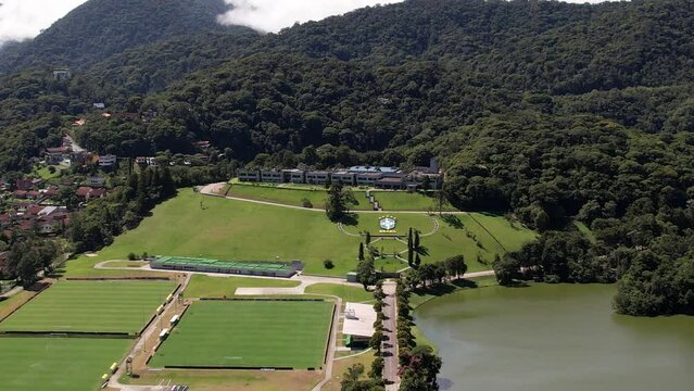 Aerial drone orbit of Granja Comary in the high altitude city of Teresopolis, the headquarters and main training center of the Brazil national football team