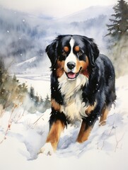 Bernese Mountain Dog in Snowy Watercolor Setting AI Generated AI Generated
