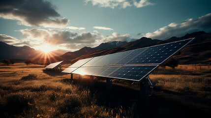Energía Renovable: Campo de Paneles Solares con Montañas al Fondo - obrazy, fototapety, plakaty