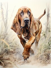 Bloodhound Tracking Scent Trail in Watercolor AI Generated - obrazy, fototapety, plakaty
