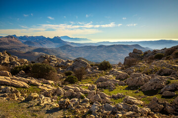 Idyllic mountain landscape of the Malaga mountains with morning light, from Torcal de Antequera, Malaga, Andalusia, Spain