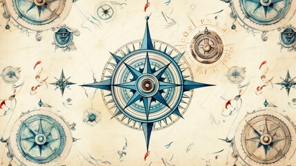 A repeating pattern of vintage compass roses and nautical elements, perfect for a maritime-themed vector background.