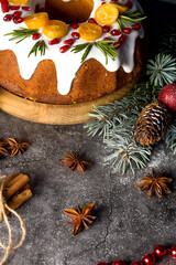 Christmas dessert. Christmas sweets on the festive table. Greeting card. Close up