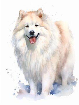 Snowy Coat Samoyed: Watercolor Painting on White Background AI Generated