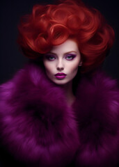 A beautiful redhead in a purple luxurious fur coat, retro glamour, fifties and sixties nostalgia