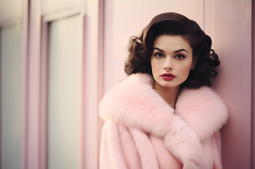 Beautiful brunette in a pastel pink fur coat, retro glamour, fifties and sixties nostalgia.