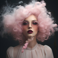 Portrait of a woman with curly pastel pink hair, dreamy, creative hairstyle